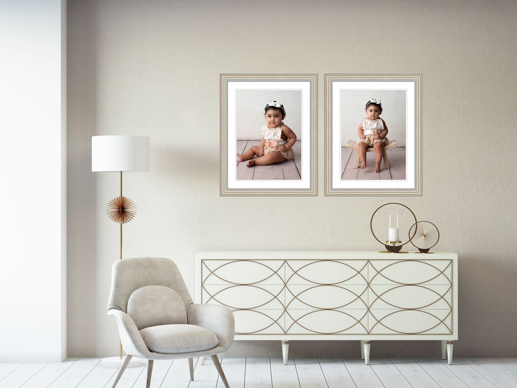 Two perfectly framed photos of a newborn baby
