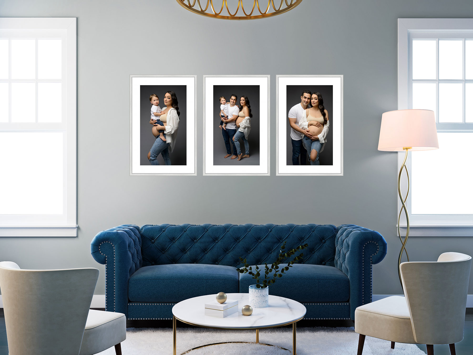 Three piece framed family maternity portraits